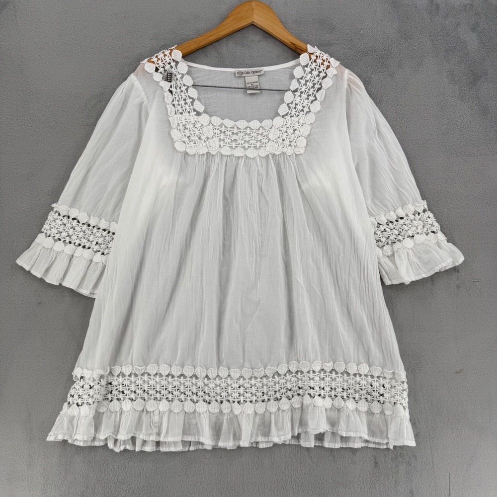 Cute Options White Cotton Gauze Crochet Tunic Blouse Womens XL Boho Cottagecore